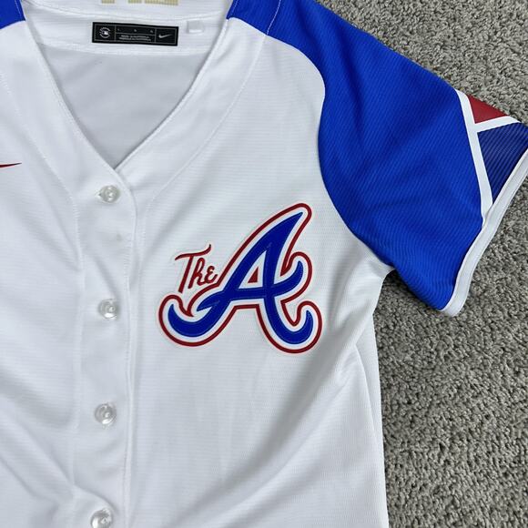 Atlanta Braves Jersey Womens Large White Blue MLB Baseball Nike City Connect 715 - Picture 3 of 14